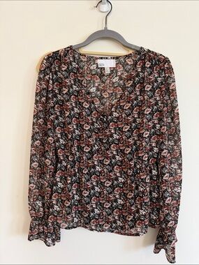 Floral Long-Sleeve V-Neck Blouse in Black and Rose